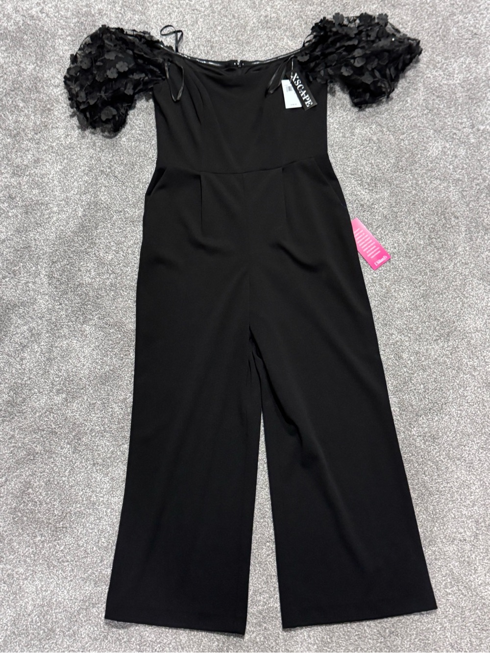 Xscape Black Off-Shoulder Wide-Leg Jumpsuit with Floral Puff Sleeves